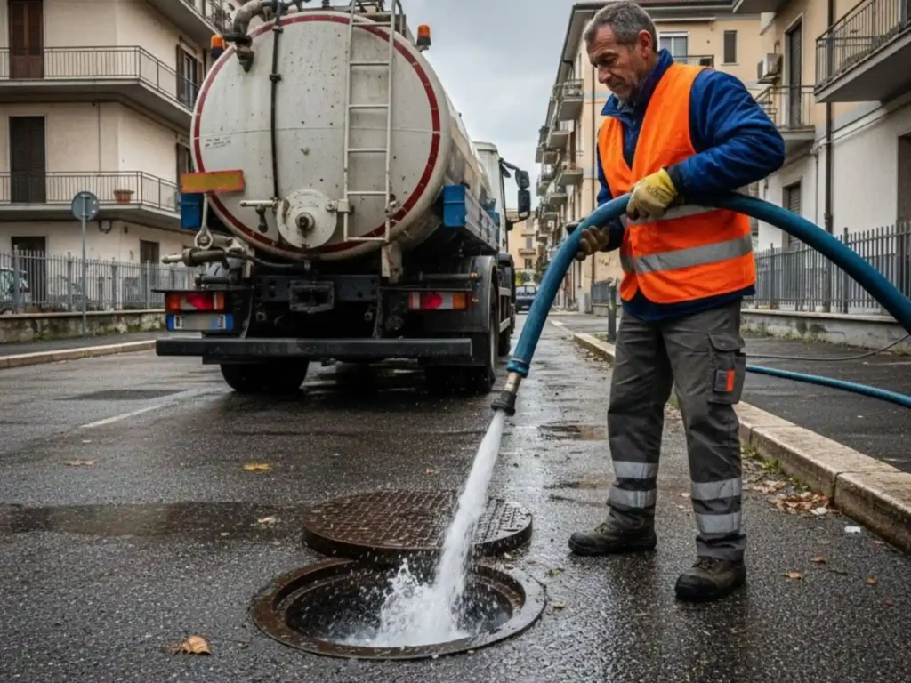 Tecnico autospurgo ad Ancona mentre utilizza il sistema Canal Jet per disostruire un tombino durante un intervento urgente