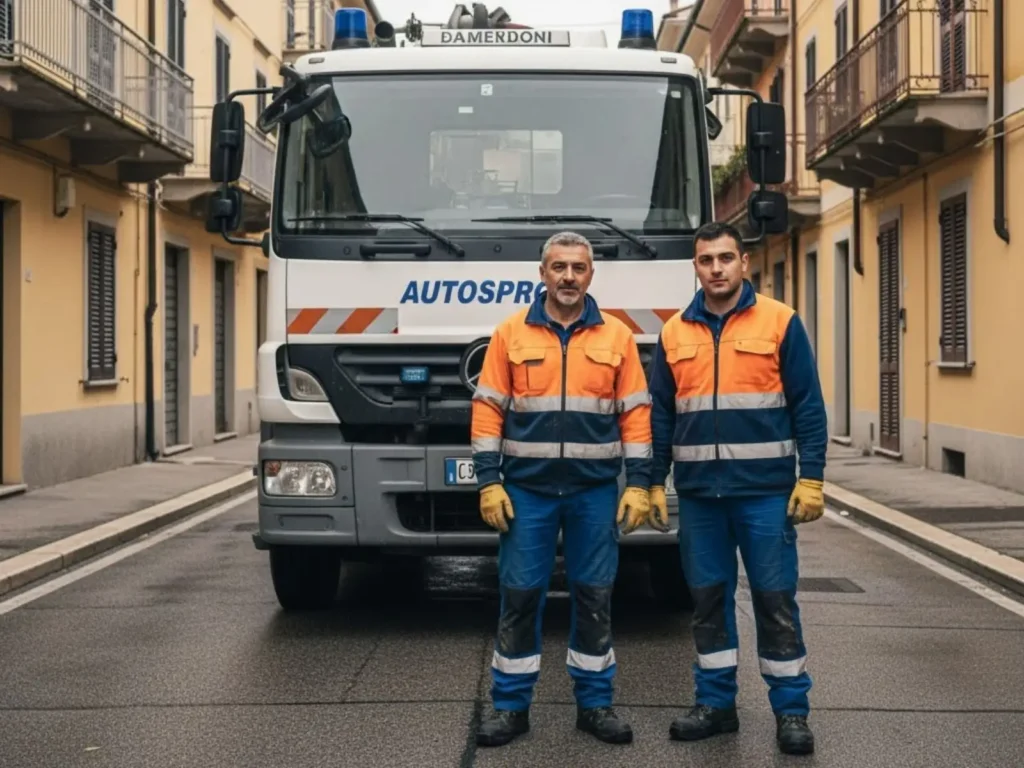 Tecnici locali di autospurgo ad Ancona in posa davanti al camion durante un intervento sul territorio