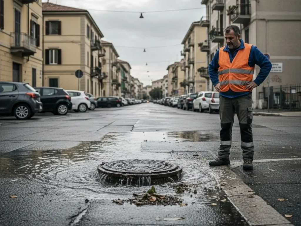 Tombino allagato ad Ancona con acqua che risale e tecnico che verifica un grave intasamento fognario