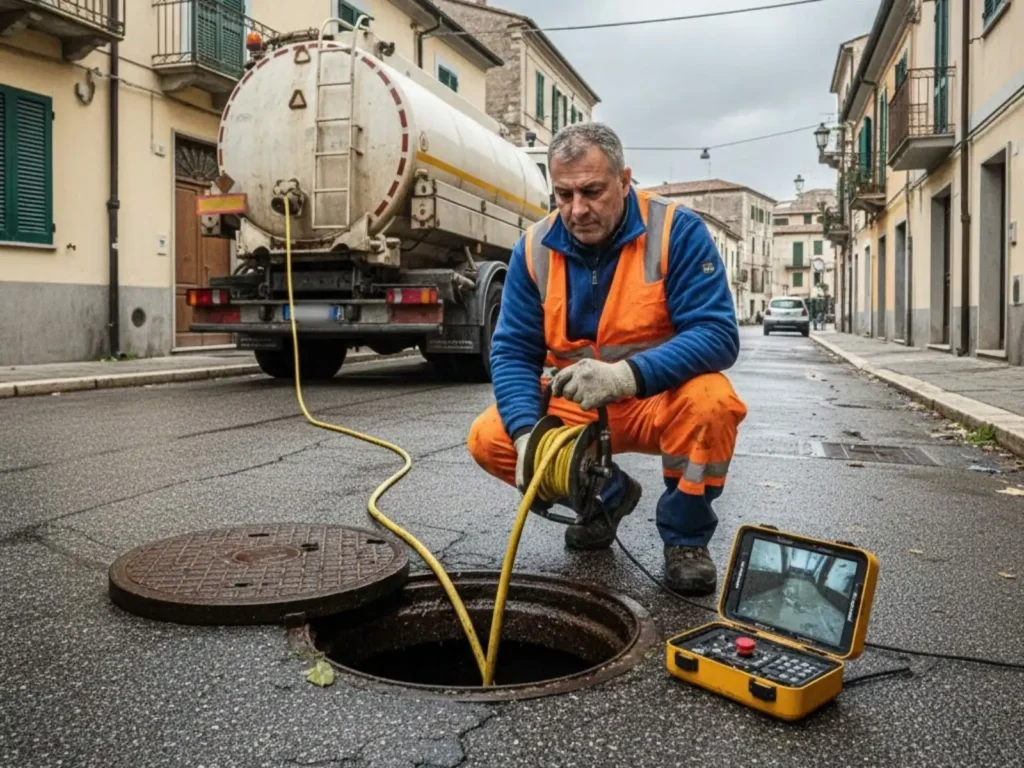 Tecnico autospurgo ad Ancona mentre esegue una videoispezione delle fognature con telecamera professionale e monitor