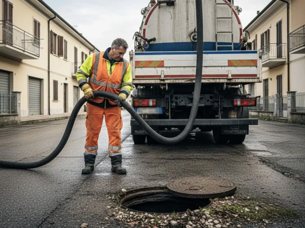 Tecnico autospurgo ad Ancona durante la vuotatura di una fossa biologica con tubo di aspirazione